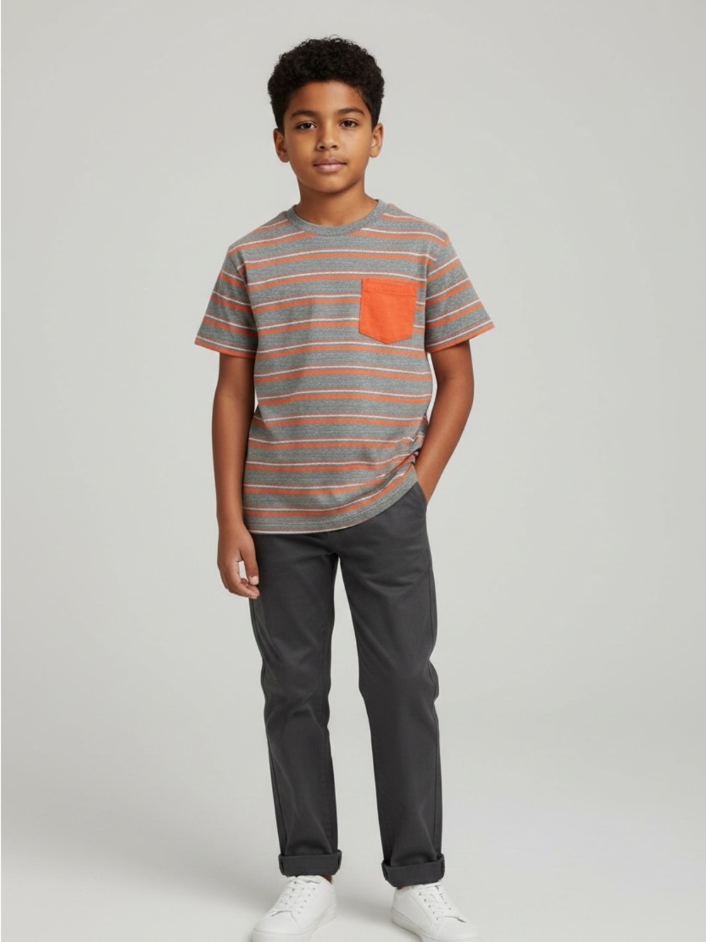 Cat & Jack Gray Tee with Orange Stripes and Pocket